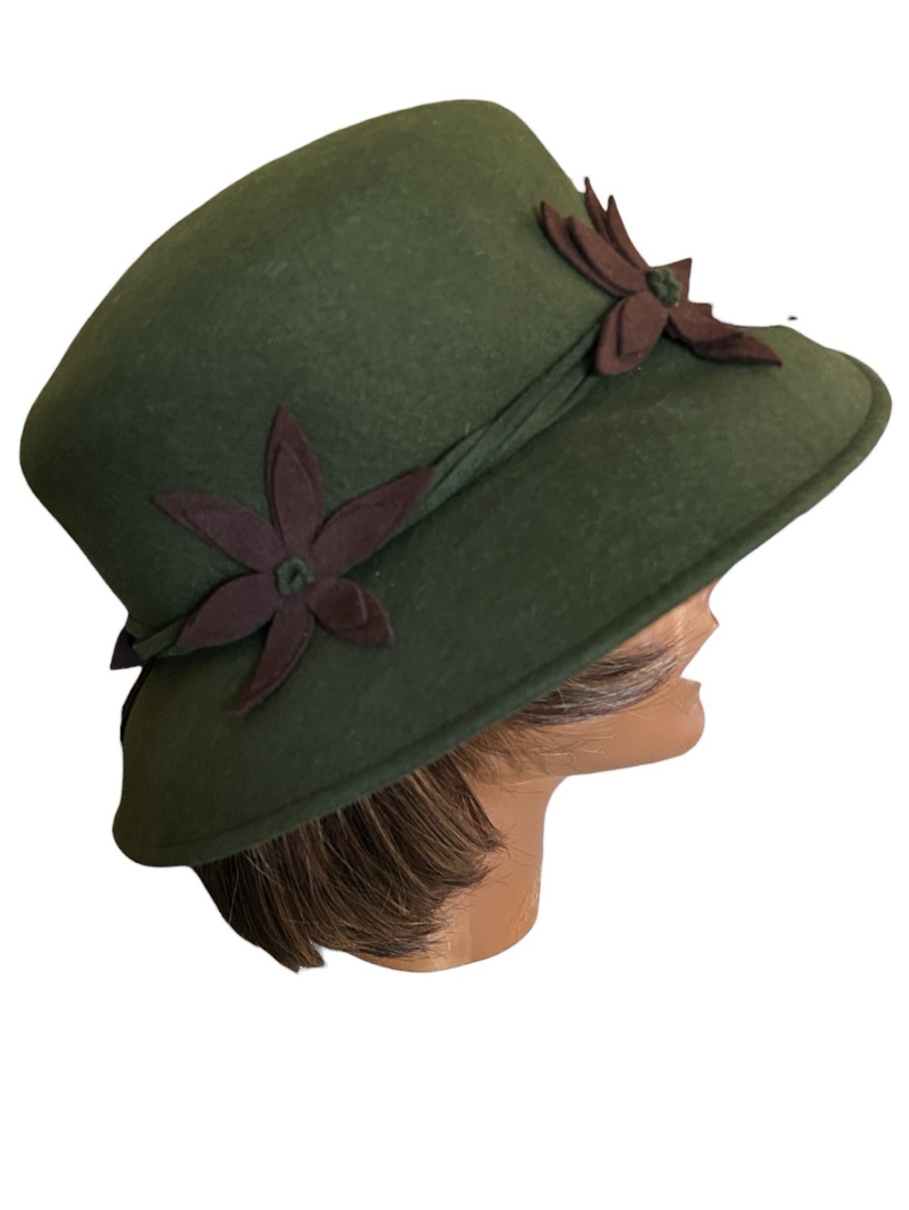 Betmar Vintage 100% Wool Felt Green Hat with Brown Felt Flower Accents